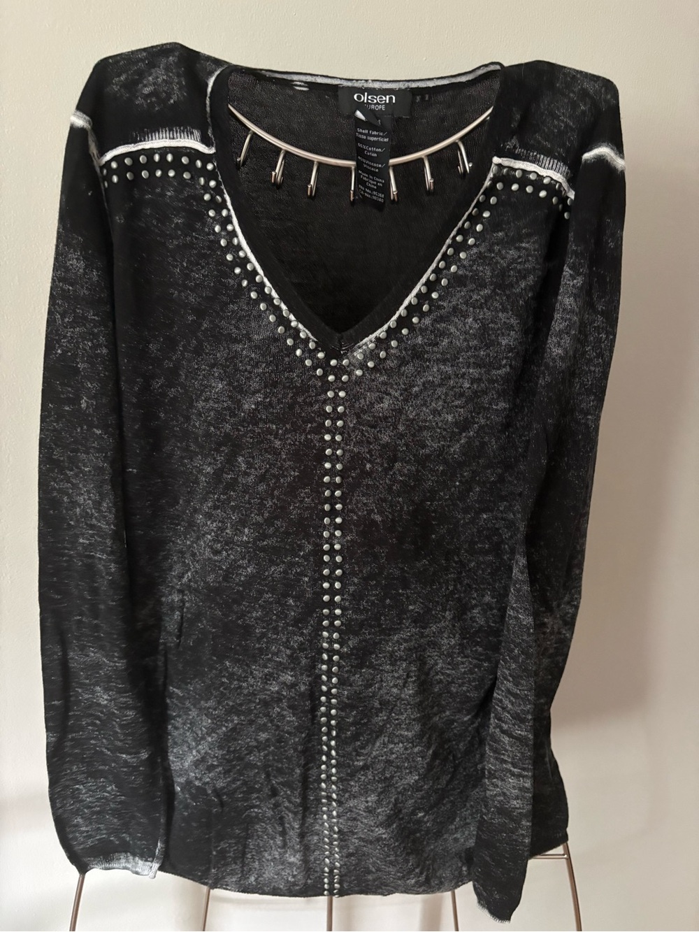 Olsen -Black”acid washed look” V-Neck Studded Long Sleeve fine knit top.